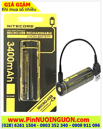 Nitecore NL1834R; Pin sạc 3.7v Nitecore NL1834R 3400mAh _Pin 18650 Pin có cổng USB